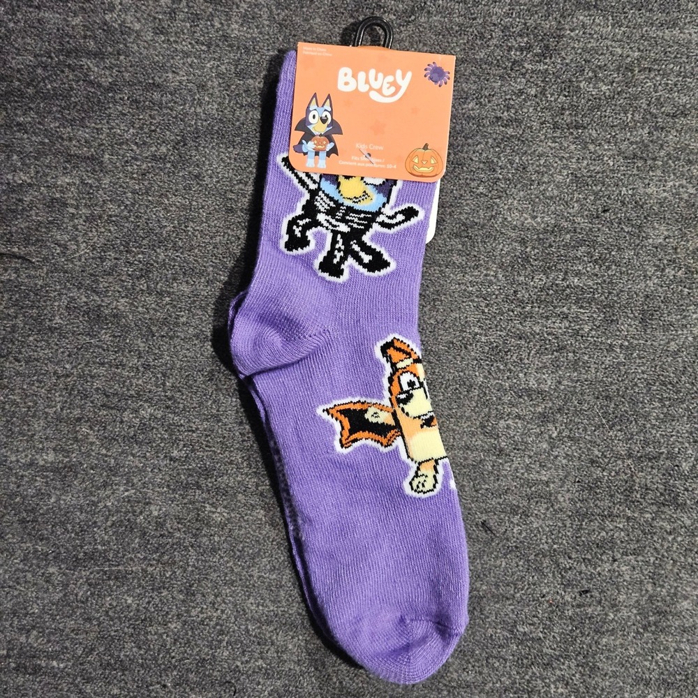 Bluey Halloween Kids Crew Socks Purple Skeleton Bingo Bat Shoe Size 10-4 NWT